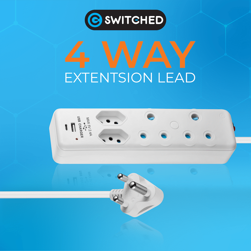 Switched 4-Way Extension Lead with 1x Type-C + 1x USB - 2m