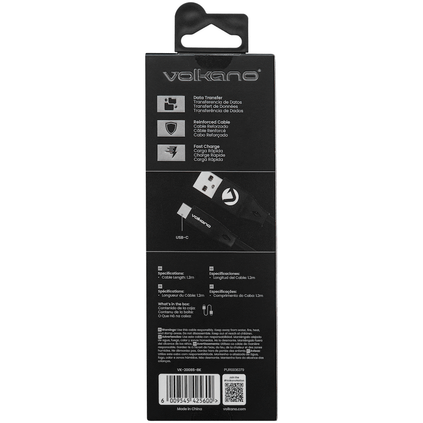 Volkano Slim Series Flat PVC Type-C Cable 1.2m - Black