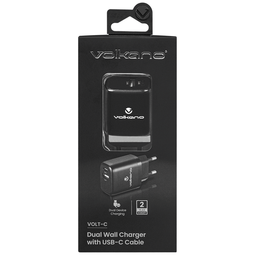 Volkano Volt-C Series Dual USB and USB-C Wall Charger with USB to USB-C Cable Included