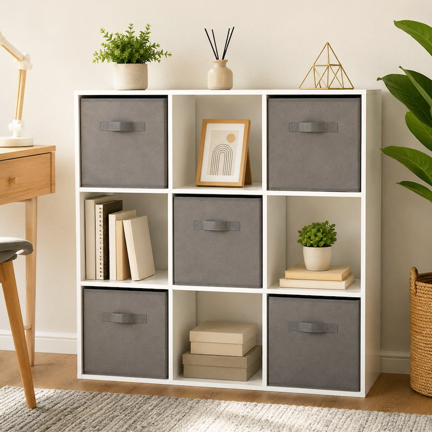 Everfurn Ninefold Bookshelf with 5 Storage Bins
