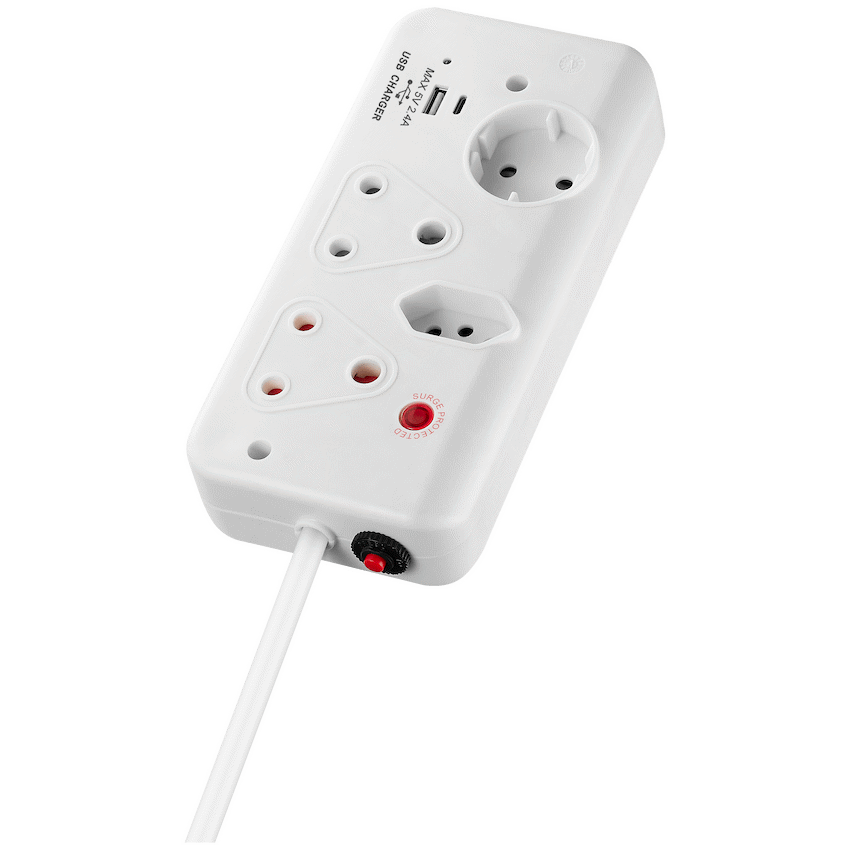 Switched 4-Way with 1x Type-C + 1x USB 2.4a Socket Medium Surge-Protected 0.5m