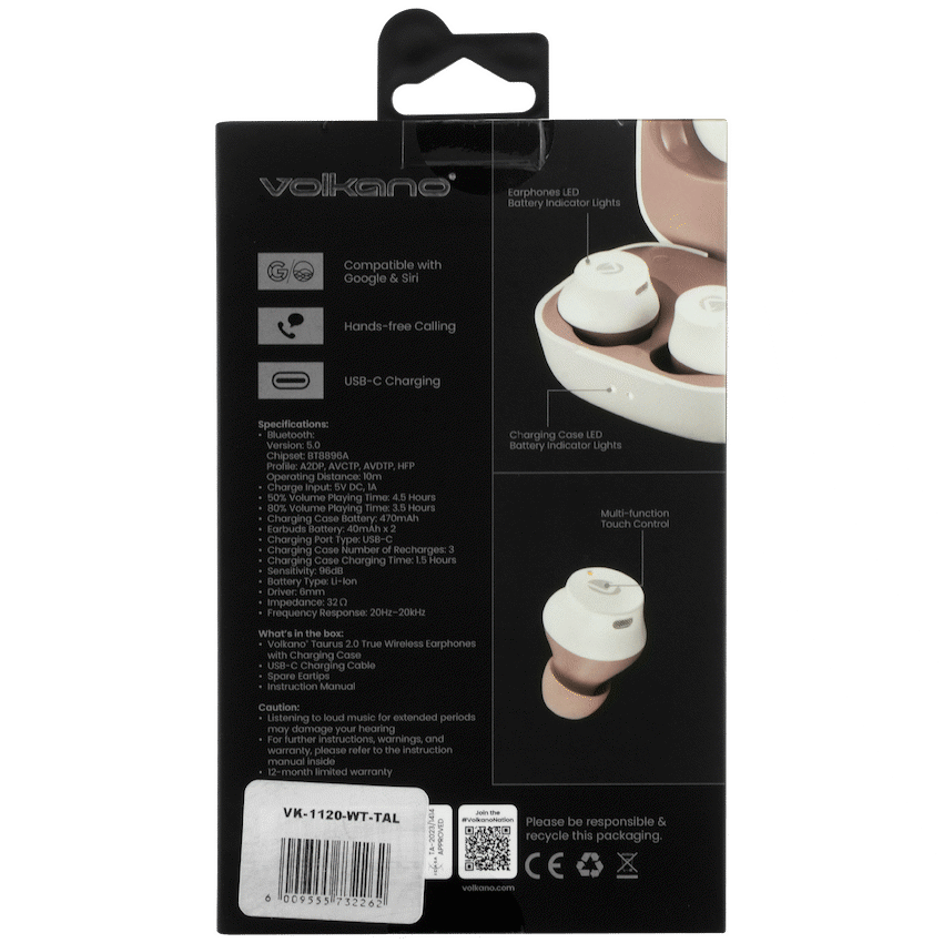 Volkano Taurus Series 2.0 True Wireless Earphones - White