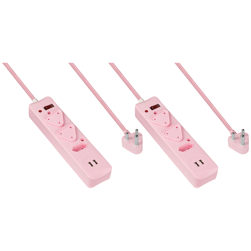 2x 3 Way Surge Multiplug with Dual USBs Pink-3M