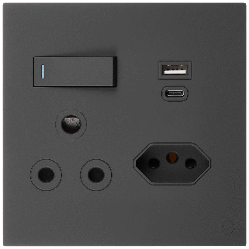 Ellies 2 Way (3 Pin; SANS 164-2) Single Switch Socket 4x4 (100x100mm) - USB + Type C - BK