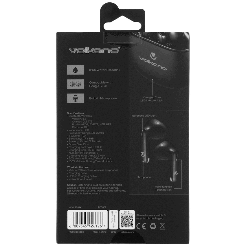 Volkano Sleek Series TWS Earphones - Black