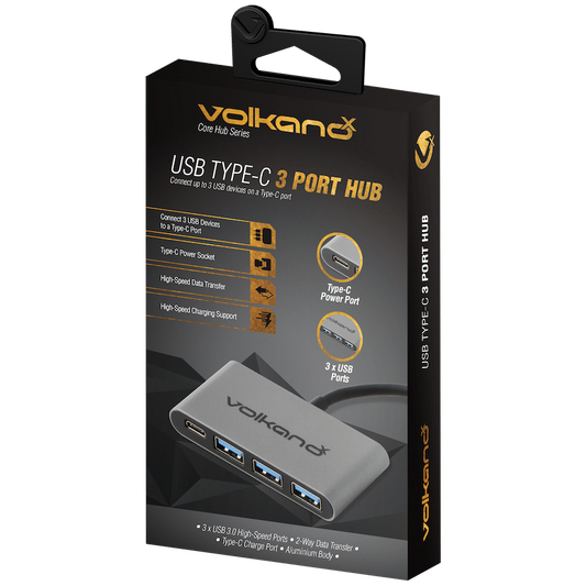 VolkanoX Core Hub series USB Type C to 3x USB 3.0 plus Power - 10cm - Charcoal