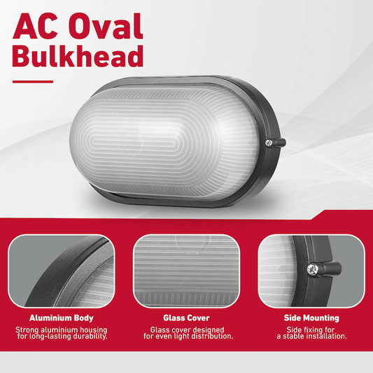 Ellies Illume Series - AC Oval Bulkhead - Aluminium + Glass - E27 Base - BK