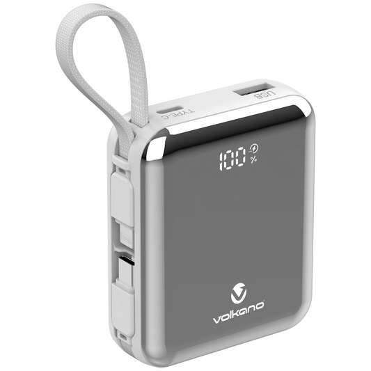 Volkano Solace Series 10 000 mAh Power Bank with Built-in USB-C & Lightning Cable - White & Silver