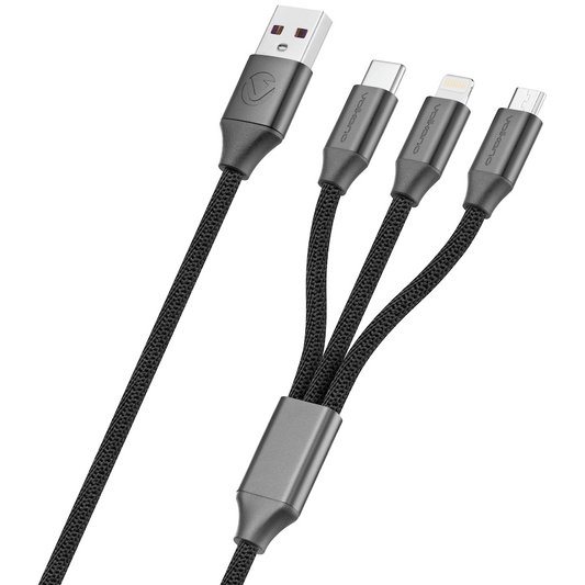 Volkano Weave Series Fabric Braided 3-in-1 (Type-C/Lightning/Micro) Cable 1m - Black