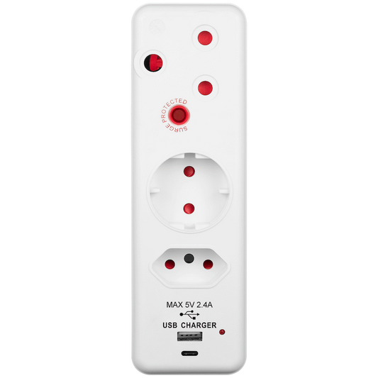 Switched 3-Way Medium Surge Adaptor - Schuko with Type-C + USB