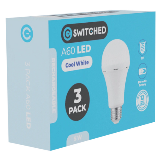 SWITCHED 5W A60 Rechargeable E27 LED Light Bulb CW - 3 Pack