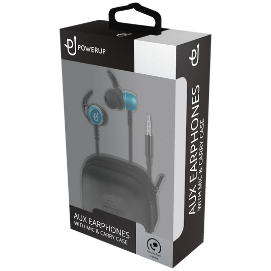 PowerUp E1 Series Aux Earphones with Carry Case - Blue