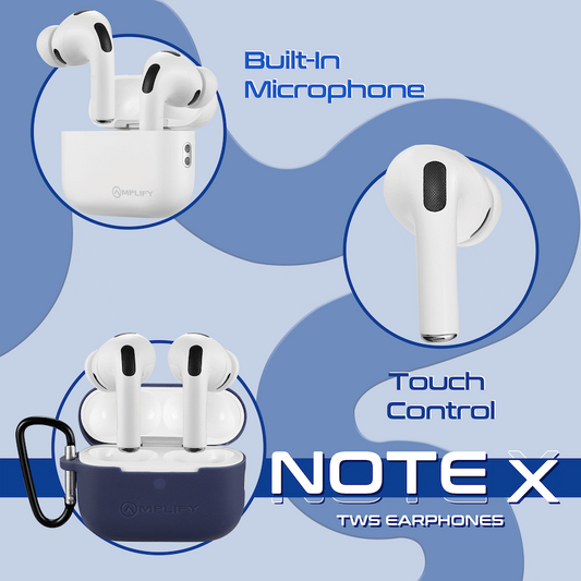 Amplify Note X 3 Series TWS Earphones - White Case + Blue Cover