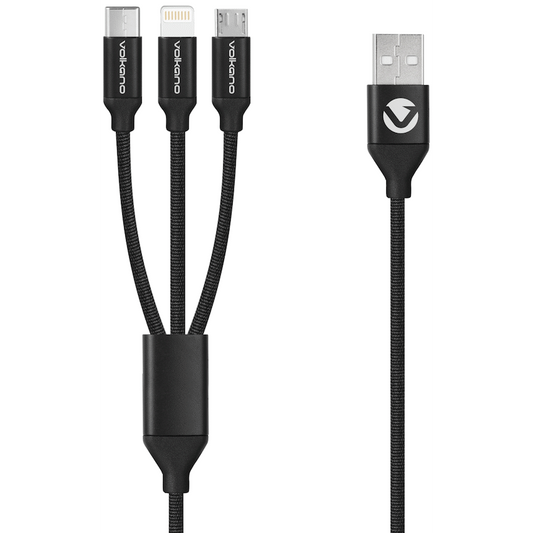 Volkano Weave Series Fabric Braided 3-in-1 (Type-C/Lightning/Micro) Cable 1m - Black