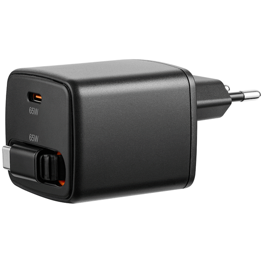 Volkano Sleek Series Fast Wall Charger 65W USB-C with Built-in Retractable 75cm Cable - Black