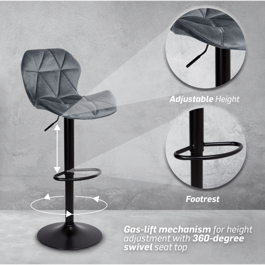 Everfurn Tira Barstool - Grey Velvet - 2 Pack