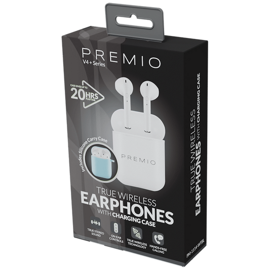 Premio V4 Series TWS Earphones with Charging Case and Cover - White with Blue Cover