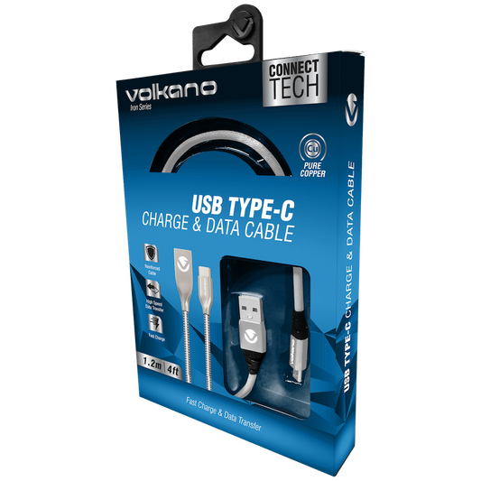Volkano Iron Series Round Metallic Spring Type-C Cable 1.2m - Silver