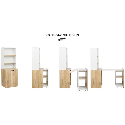 Everfurn Adaptive Desk with Bookshelf - White and Light Oak