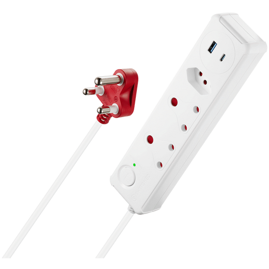 Switched 3-Way Medium Surge-Protected Multiplug with 1x Type-C + 3.4a USB Ports - 0.5m - White