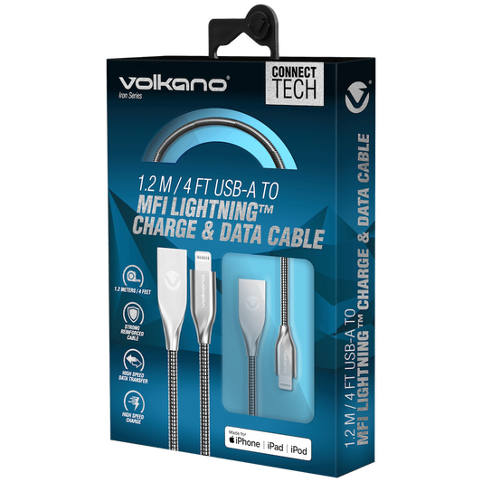 Volkano Iron Series Round Metallic Spring MFI Lightning Cable 1.2m - Silver