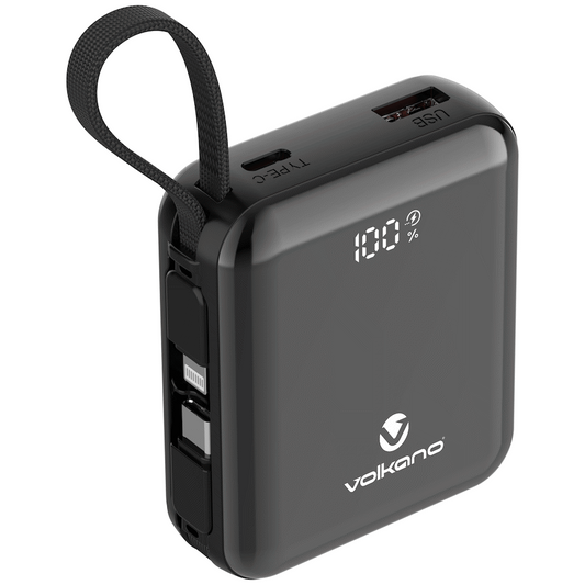 Volkano Solace Series 10 000 mAh Power Bank with Built-in USB-C & Lightning Cable - Black