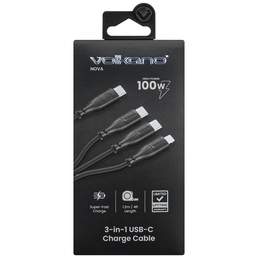 Volkano Nova Series USB C to 2 USB C and lightning cable 100W TPE-Black