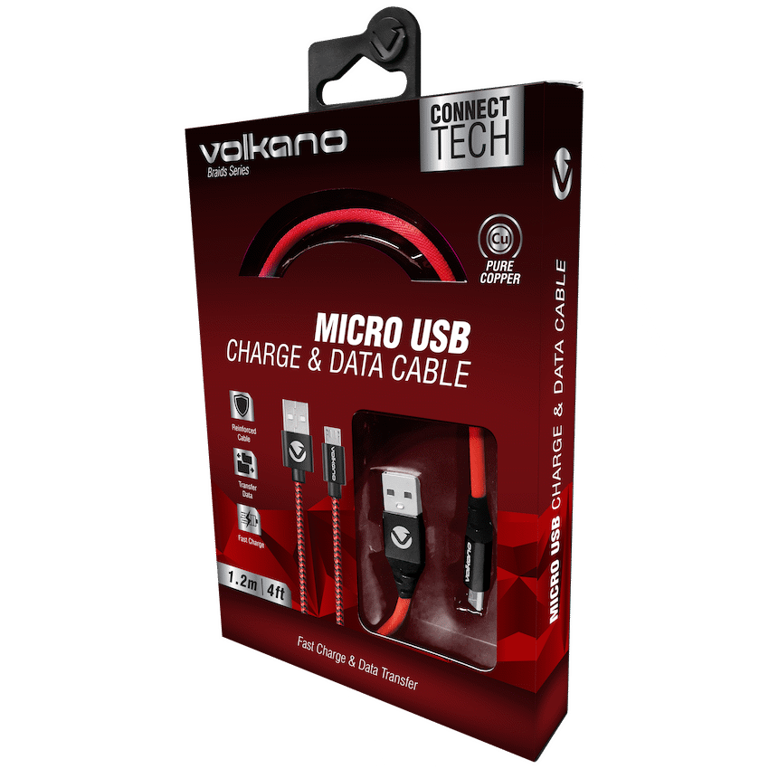 Volkano Braids Series Nylon Braided Micro USB Cable 1.2m - Black & Red