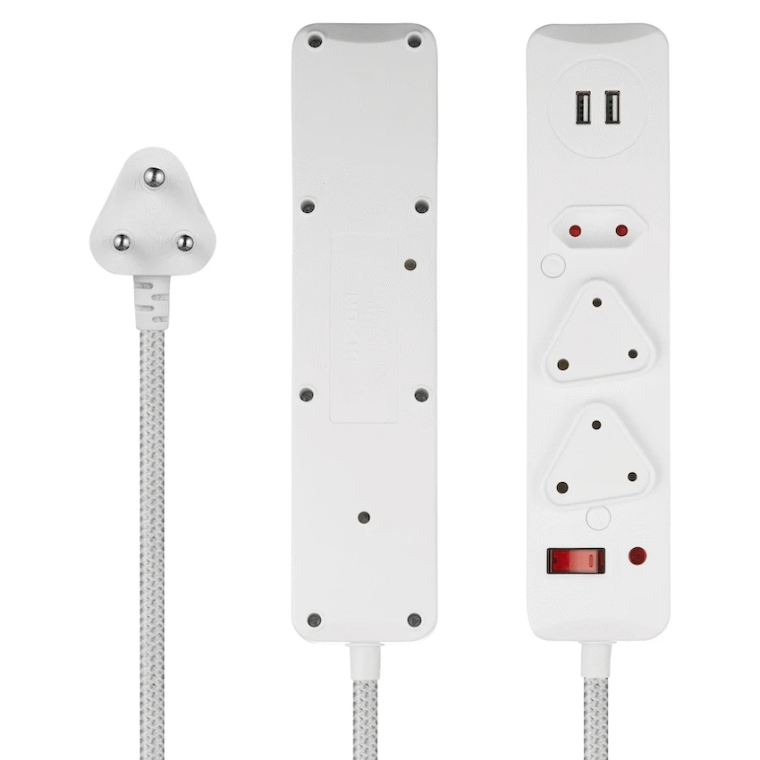 SWITCHED 3 Way Medium Surge Protected Multiplug with Dual 2.4A USB Ports 0.5M Braided Cord White