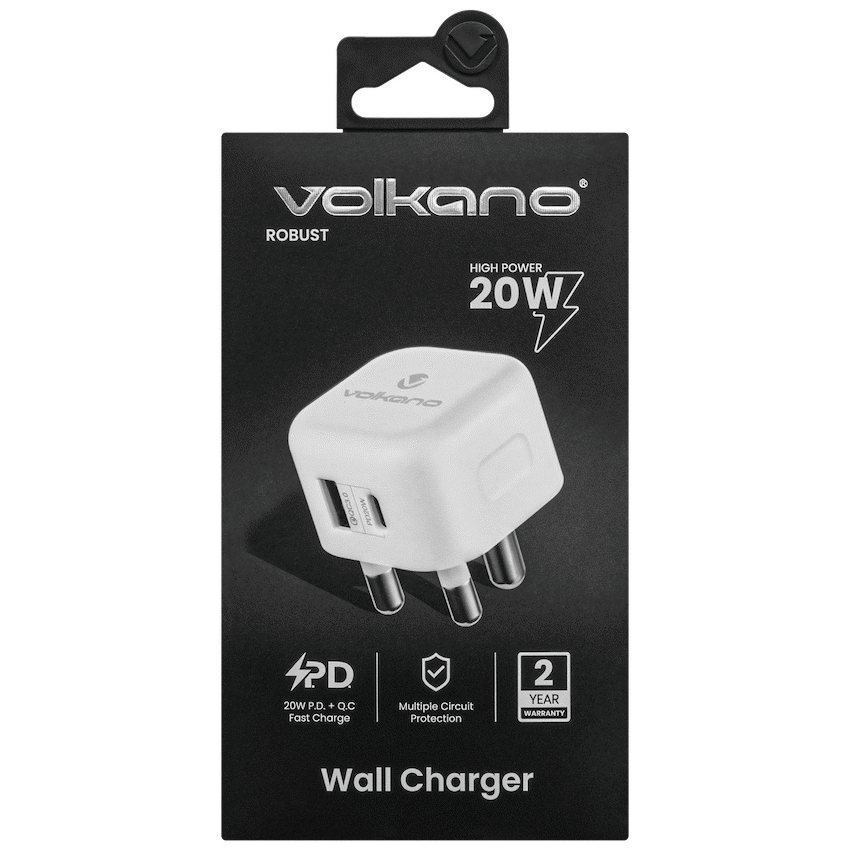 Volkano Robust Series 3-Pin SA to 20w PD + QC 3.0 Wall Charger