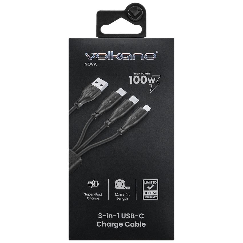 Volkano Nova Series USB-A to 2 USB-C and Lightning Cable 100W 1.2m TPE - Black
