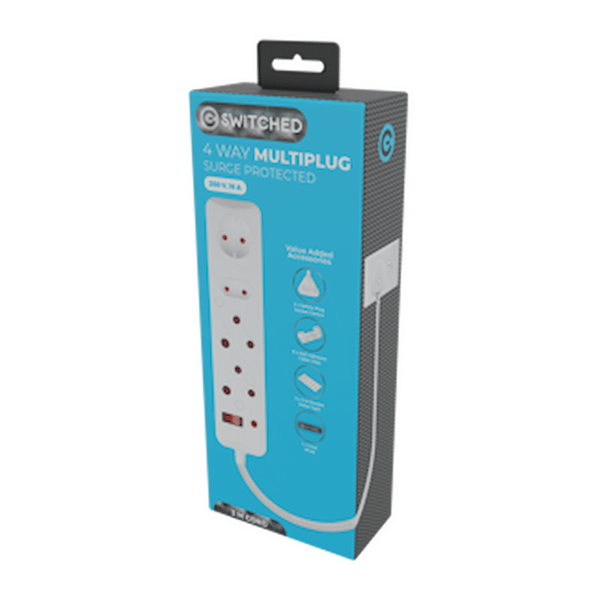 Switched 4-Way Surge-Protected Multiplug 3m Braided Cord - White