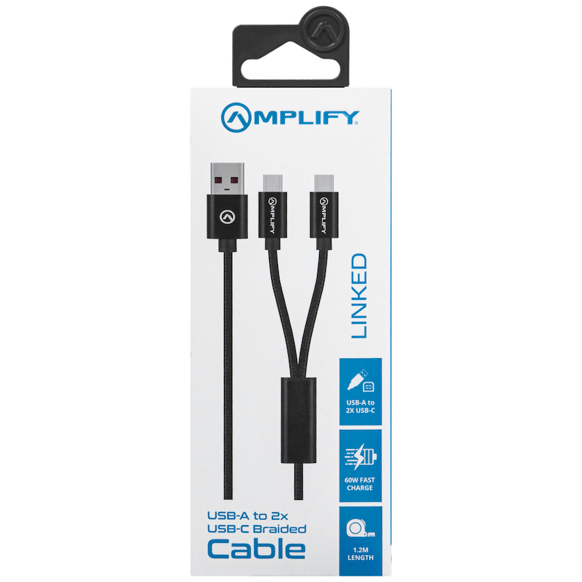 Amplify Linked Series USB to 2 x USB-C Braided Cable 60W 1.2m - Black