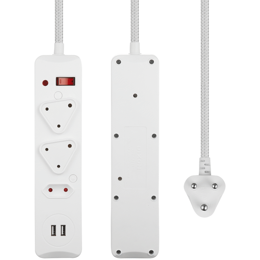 Switched 3-Way Surge-Protected Multiplug with Dual 2.4a USB Ports 3m Braided Cord - White