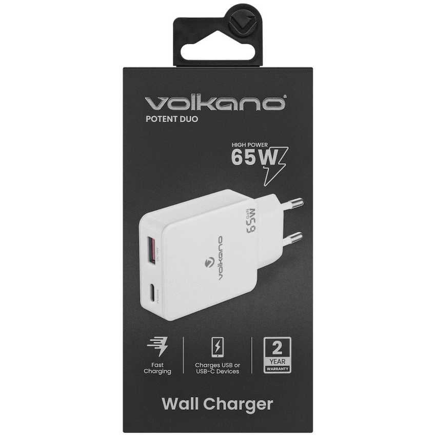 Volkano Potent Duo series 65W Dual USB and USB-C PD Compact Wall Charger