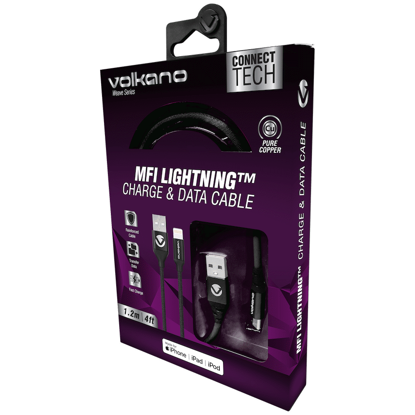 Volkano Weave Series Fabric Braided MFI Lightning Cable 27W 1.2m - Black