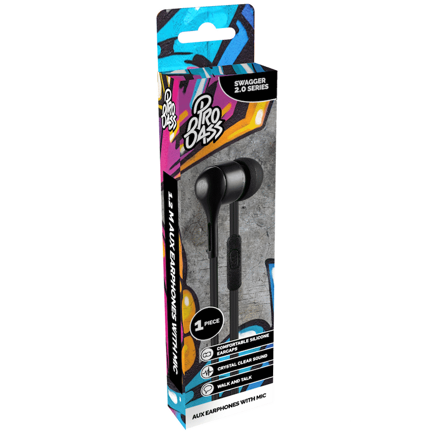 Pro Bass Swagger 2.0 Series - Boxed Auxiliary Earphone with Mic - Black