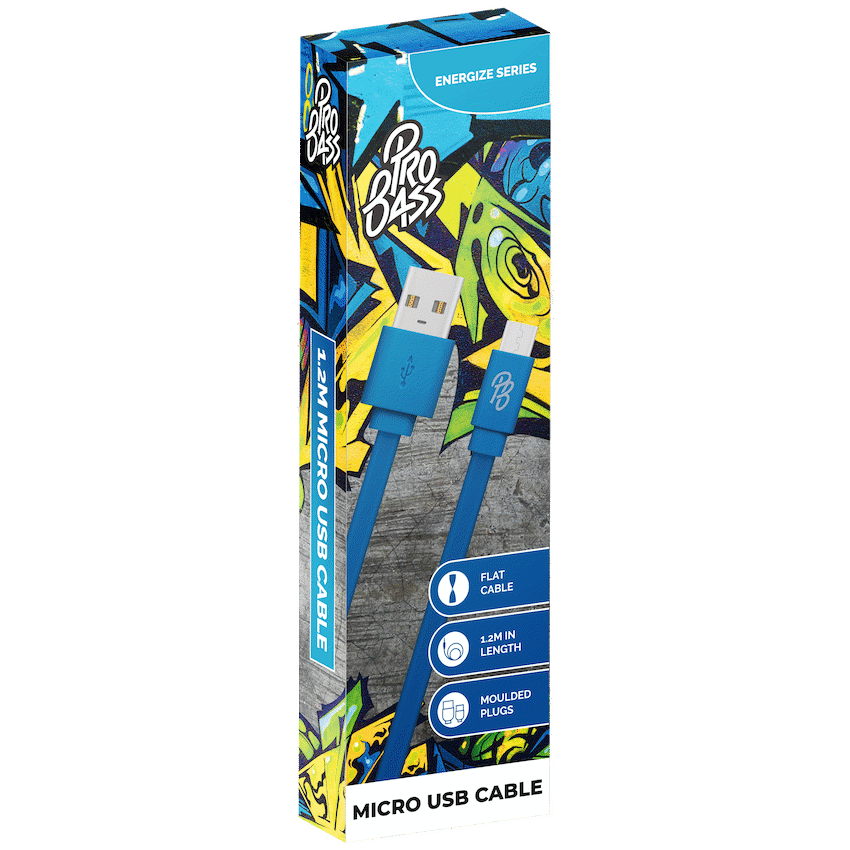 Pro Bass Energize Series Packaged Micro USB Cable - Blue 1.2m