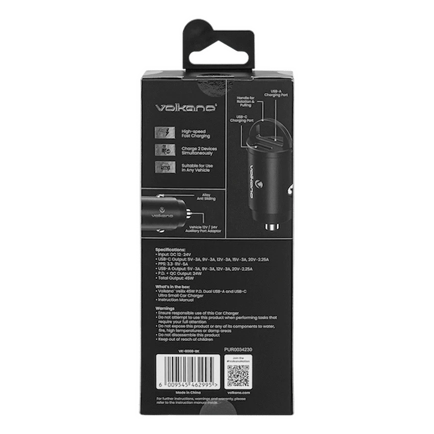 Volkano Veilix Series 45w PD Dual USB-A and USB-C Ultra Small Car Charger - Black