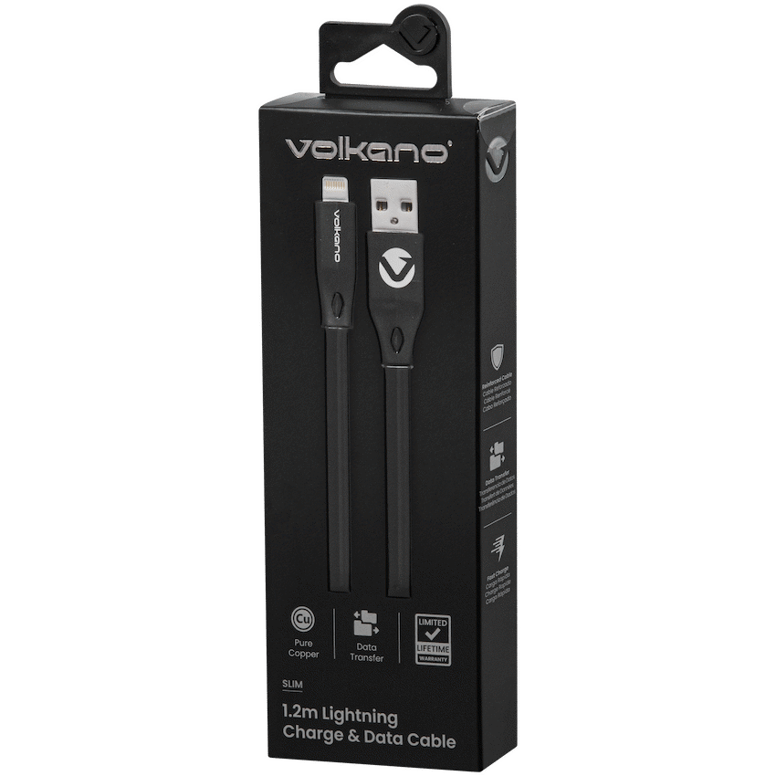 Volkano Slim Series Flat PVC Lightning Cable 1.2m - Black