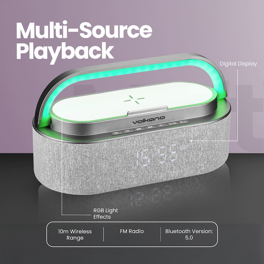 Volkano Dawn Series Alarm Clock with Wireless Charging and Speaker