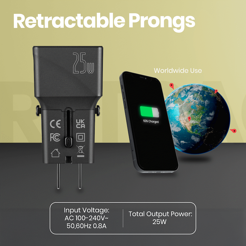 Volkano Globetrotter Series 25w Dual USB + Type-C Mini Travel Adaptor