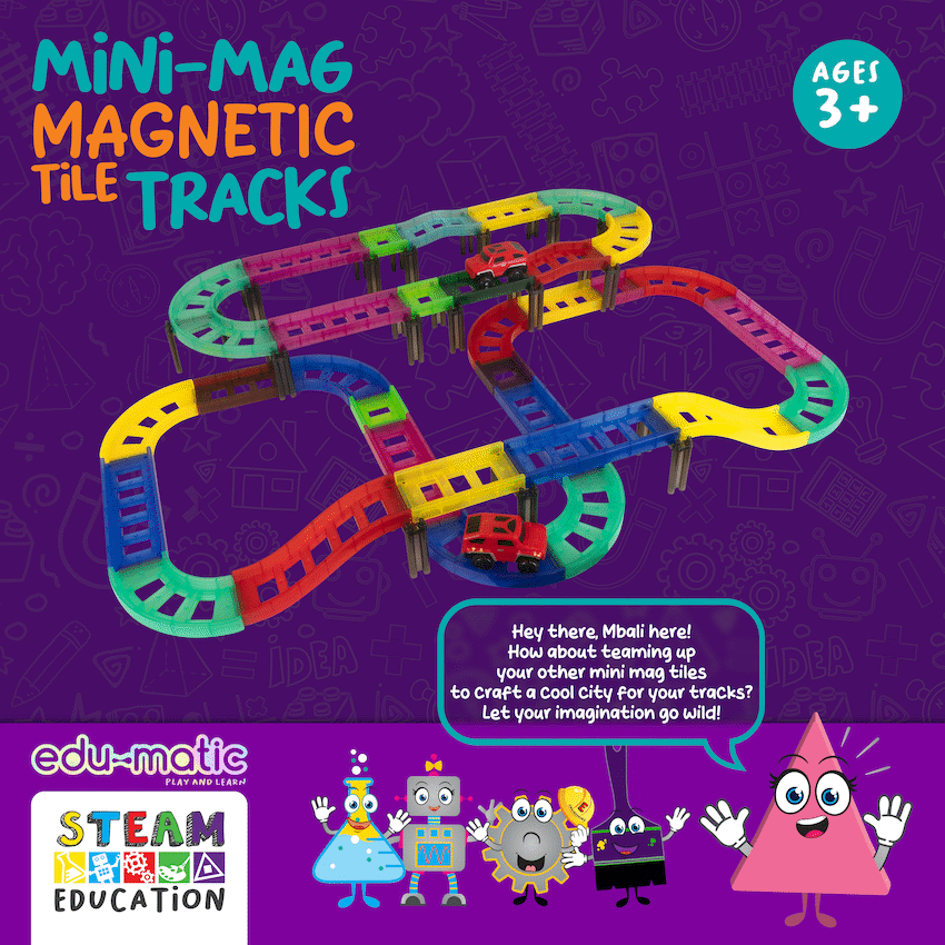 Edu-Matic Mini-Mag Magnetic Tile Tracks with 2 Cars and 93 Pieces