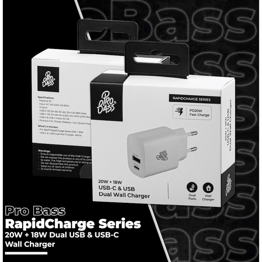 Pro Bass Rapidcharge Series 20w+18w Dual USB and Type-C Wall Charger - White