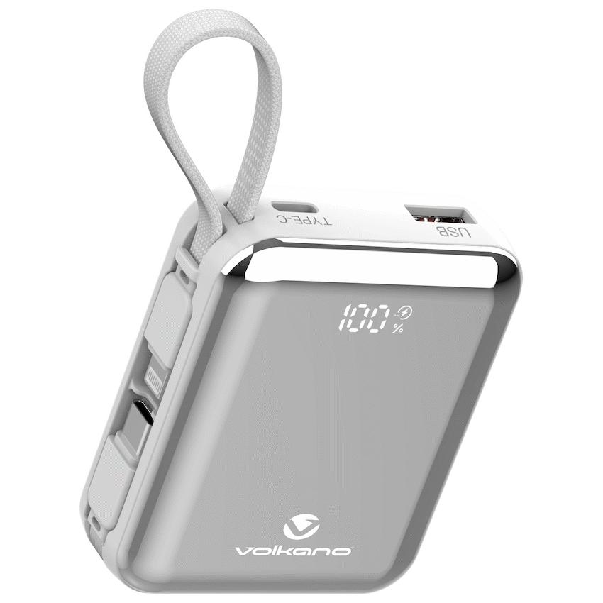 Volkano Solace Series 10 000 mAh Power Bank with Built-in USB-C & Lightning Cable - White & Silver