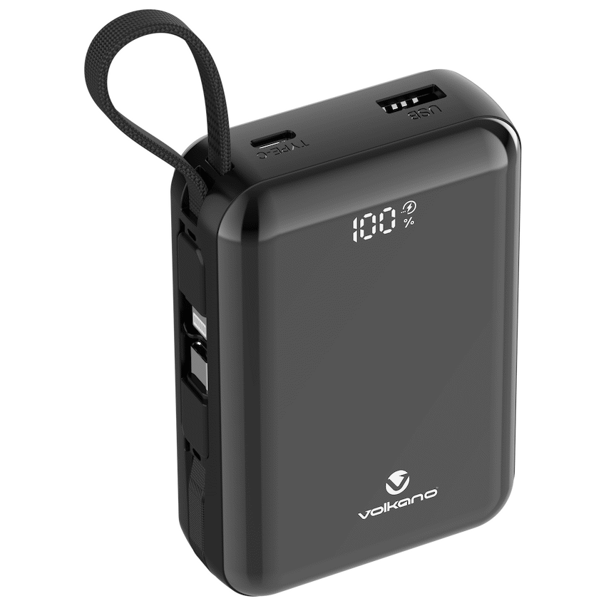 Volkano Solace Series 20 000 mAh Power Bank with Built-in USB-C & Lightning Cable - Black