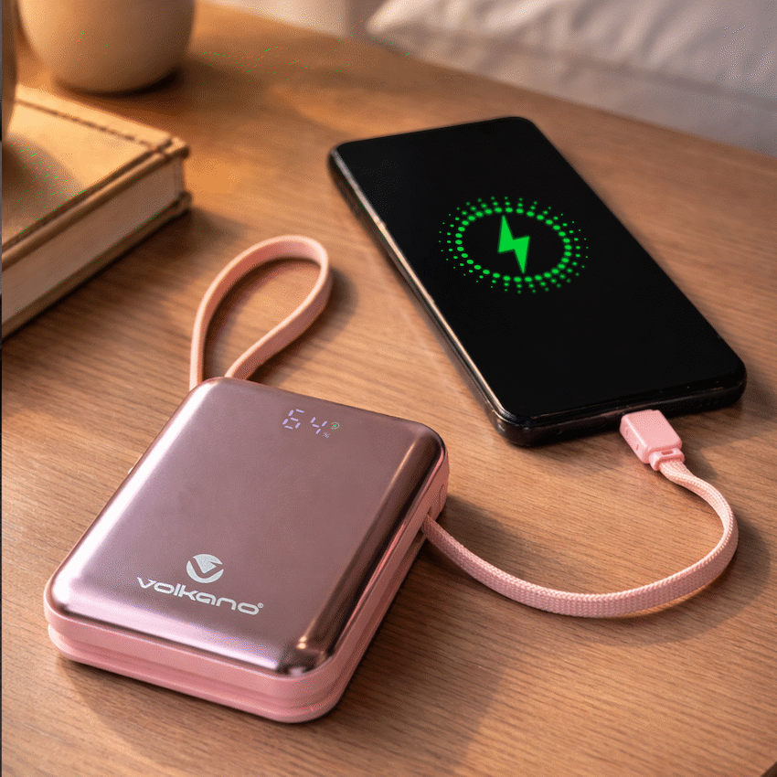 Volkano Solace Series 10 000 mAh Power Bank with Built-in USB-C & Lightning Cable - Pink & Rose Gold
