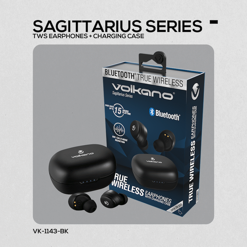 Volkano Sagittarius Series TWS Earphones + Charging Case - Black