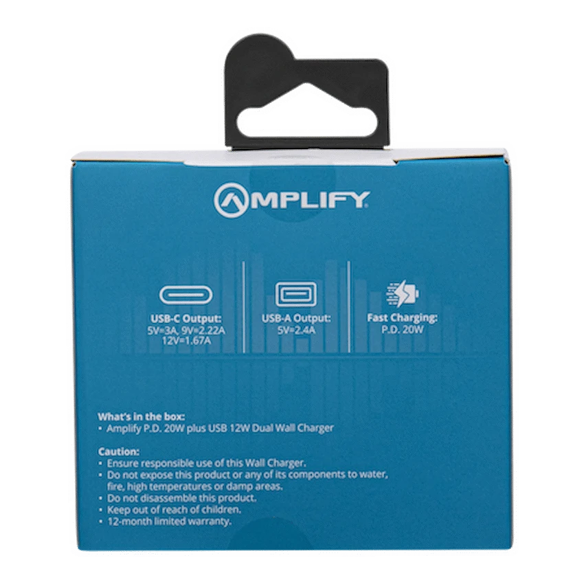 Amplify P.D. 20w Plus USB 12w Dual Wall Charger - White