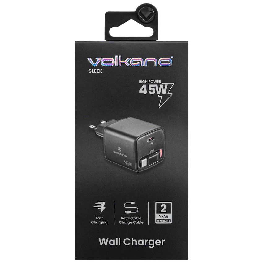 Volkano Sleek Series Fast Wall Charger 45W USB-C with Built-in Retractable 75cm Cable - Black